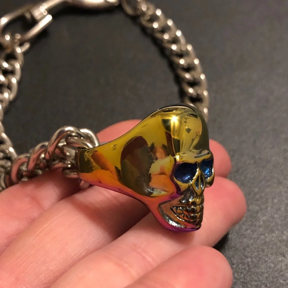 Colorful Skull Ring and Thick Silver Tone Chain Necklace - Punk Vintage 90s